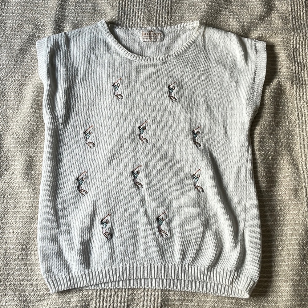 Vintage Jantzen sweater tank with gold embroidery, size medium